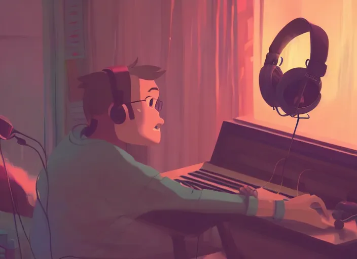 Image similar to man with headphones at his home studio producing music late at night, very detailed, 4 k, cory loftis, james gilleard, atey ghailan, makoto shinkai, goro fujita, studio ghibli, rim light, exquisite lighting, clear focus, very coherent, masterpiece