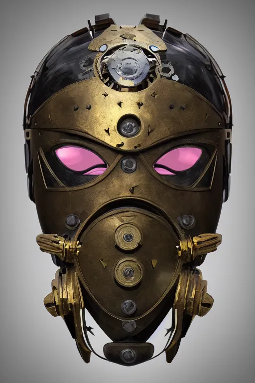 Image similar to steampunk mask minimalist fantasy art robot ninja helmet, global illumination ray tracing hdr fanart arstation by sung choi and eric pfeiffer and gabriel garza and casper konefal radiating a glowing aura