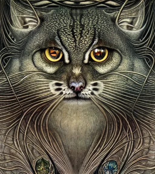 Prompt: detailed realistic beautiful manul portrait by jean delville, gustave dore, iris van herpen and marco mazzoni, art forms of nature by ernst haeckel, art nouveau, symbolist, visionary, gothic, neo - gothic, pre - raphaelite, fractal lace, intricate alien botanicals, ai biodiversity, surreality, hyperdetailed ultrasharp octane render