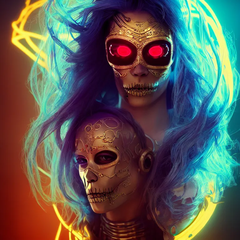 Image similar to beautiful cinematic poster, female cyberpunk cyborg, a gold sugar skull mask, brilliant blue flowing hair, beautiful glowing eyes, wideshot ultrawide angle epic scale, hybrid from the elden ring and art direction by darius zawadzki, wayne reynolds artstation ; cinematic quality character render ; low angle ; ultra high quality model, quality cinema model