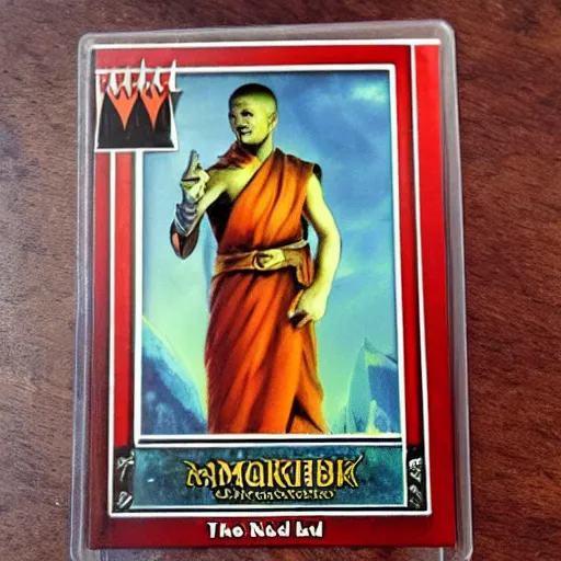 Prompt: magic the gathering card, trading card, human, red hair, monk