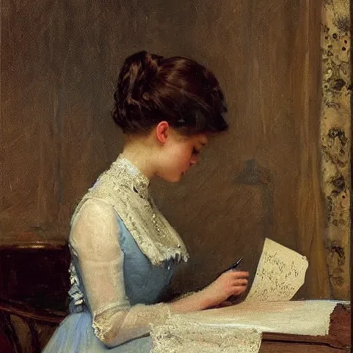 Image similar to victorian girl in ball gown writing a letter, painting by alfred stevens