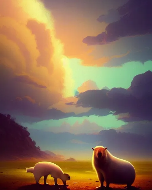 Image similar to white capybara at siberia, surreal photography, warm dramatic light, impressionist painting, colorful clouds, digital painting, artstation, kilian eng, john harris, bastien lecouffe - deharme, simon stalenhag, flower face