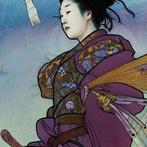 Prompt: a stained glass window of a female samurai, flaming katana, ominous nighttime storm, fantasy, d & d, intricate, elegant, highly detailed, digital painting, artstation, concept art, matte, sharp focus, illustration, art by john collier and albert aublet and krenz cushart and artem demura and alphonse mucha
