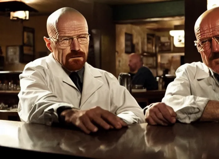 Image similar to walter white saul goodman and mike ehrmantraut at a bar, drinking, smiling, ultra realistic, cinematic