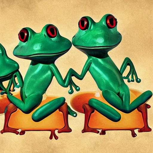 Image similar to 3 frogs playing instruments in a band, high-definition photograph