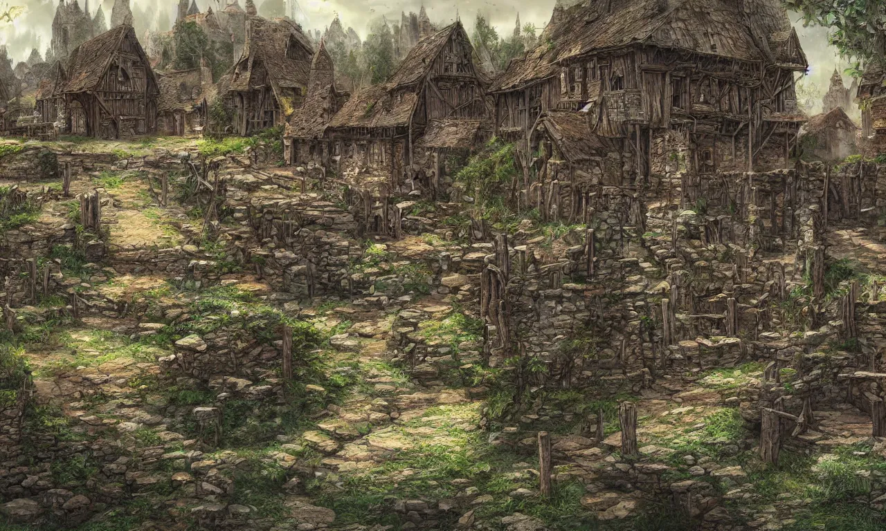 Image similar to a medieval village, palisade, swamp, digital art, illustration, fantasy