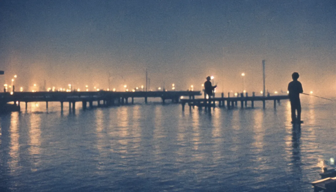 Prompt: 80s asian neon movie still with a lone man fishing on a pier by the river on early morning with bright city lights behind his back, ships passing by in the distance, medium format color photography, movie directed by Kar-Wai Wong, hyperrealistic, photorealistic, high definition, highly detailed, tehnicolor, anamorphic 50mm lens