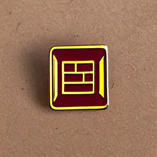 Prompt: a square enamel pin depicting a caution warning label, smooth curves