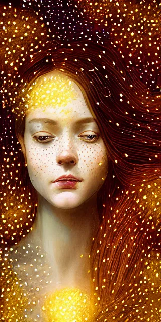 Image similar to young woman surrounded by golden firefly lights in a mesmerizing scene, amidst nature fully covered by a intricate detailed dress, long loose red hair, precise linework, accurate green eyes, small nose with freckles, smooth oval shape face, empathic, bright smile, expressive emotions, hyper realistic ultrafine art by artemisia gentileschi, jessica rossier, boris vallejo