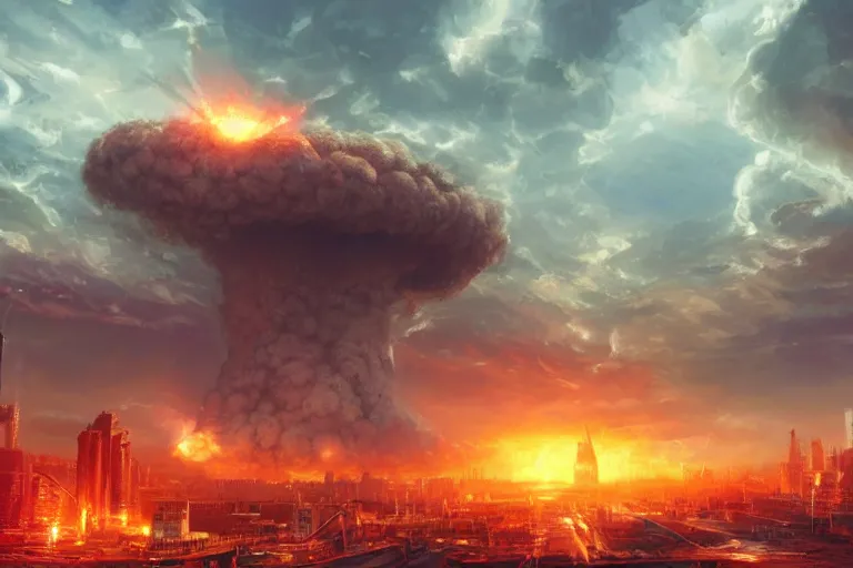 Image similar to a nuclear explosion in a city, artstation, concept art, 4k, beautiful