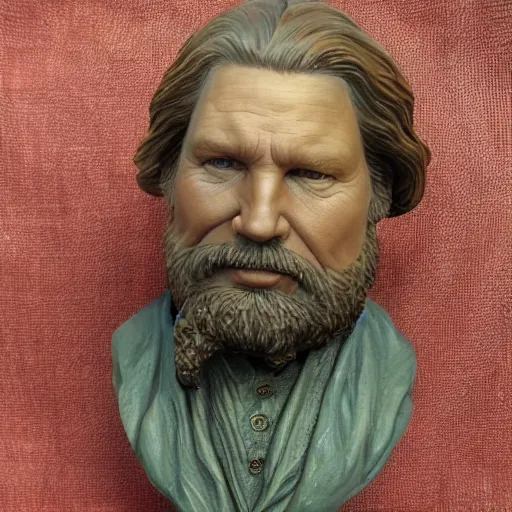 Prompt: hyper realistic closeup bust of a new england fisherman, jeff bridges as the dude, painted, colorized, bossons vintage chalkware, by emile renouf