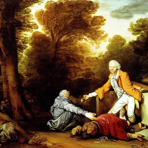 Prompt: gray-haired Abraham brings a knife to a teenage boy lying on an altar by Thomas Gainsborough, elegant, highly detailed, anthro