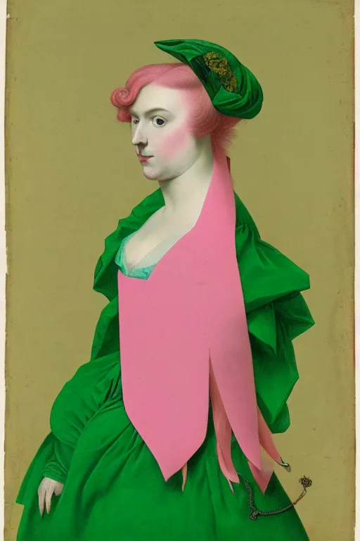 Prompt: portrait of a young pale woman with pink hair, wearing a neon green dress, intricate details, in the style of James Jean and Jean Auguste Dominique Ingres