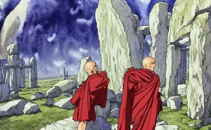 Image similar to a realistic anime watercolor fantasy concept art of a giant monk with a big forehead and a grey robe waving in stonehenge. an immense stone is floating in the air. by rebecca guay, michael kaluta, charles vess