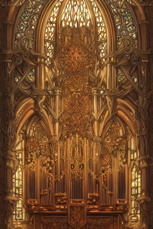 Image similar to pipe organ, d & d, fantasy, intricate, elegant, highly detailed, digital painting, artstation, concept art, smooth, sharp focus, illustration, art by artgerm and dragolisco and alphonse mucha and dragolisco