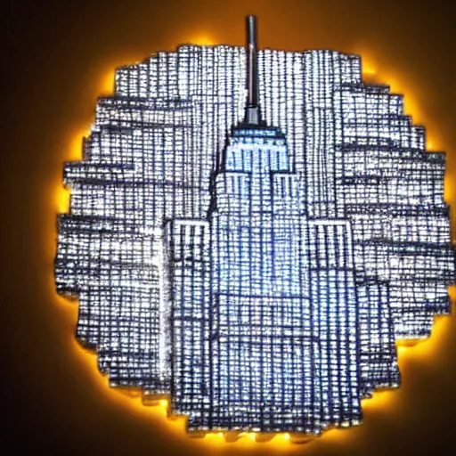 Image similar to photo of the empire state building made out of cheese at night, bright city lights