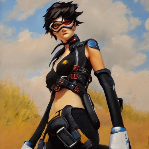 Image similar to oil painting of tracer overwatch in a field wearing very large black leather belt choker collar around neck, in style of mark arian, expressive face, very detailed face, very detailed eyes, belt around neck, full body, feminine face, tracer overwatch,