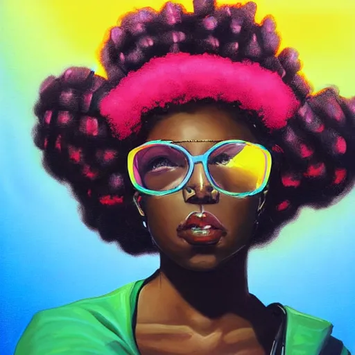 Prompt: symmetry!!! a young black girl with colorful afro puffs and glasses, sits cross legged on top of a tall!!! pile of books!!. beautiful painting by artgerm and greg rutkowski and justin bua in a surreal portrait style. fish eyed lens, beautiful detailed face. synthwave color scheme