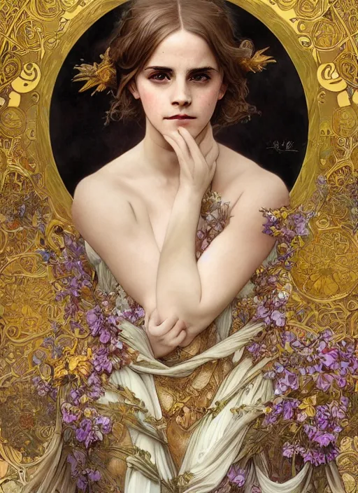 Image similar to Emma Watson as Godness of Love, cute, fantasy, intricate, elegant, highly detailed, digital painting, 4k, HDR, concept art, smooth, sharp focus, illustration, art by alphonse mucha,artgerm, H R Giger, beautiful detailed intricate insanely detailed octane render, 8K artistic photography, photorealistic,