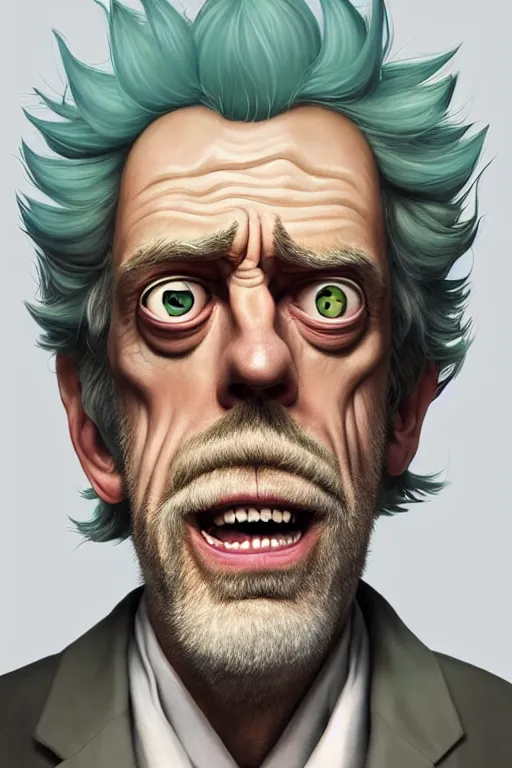 Image similar to Hugh Laurie as crazy genius Rick Sanchez from Rick and Morty, unibrow, white robe, big eyes, realistic portrait, symmetrical, highly detailed, digital painting, artstation, concept art, smooth, sharp focus, illustration, cinematic lighting, art by artgerm and greg rutkowski and alphonse mucha