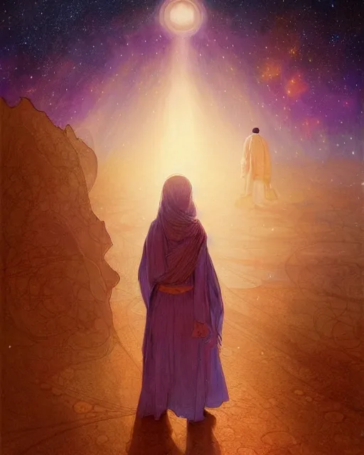 Image similar to bedouin child praying in galaxy walking towards mosque surrounded by nebula, highly detailed, gold filigree, romantic storybook fantasy, soft cinematic lighting, award, disney concept art watercolor illustration by mandy jurgens and alphonse mucha and alena aenami, pastel color palette, featured on artstation