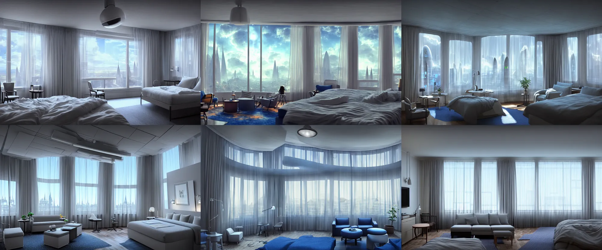 Prompt: very wide cinematic high angle shot inside a scifi hotel condo room as ikea ad, very tall cathedral ceiling with mural of sky, archviz render, archdaily, scifi artstation concept, comfy lighting, mass effect, fine details, unreal engine, hyperrealism, realistic shading, blender render