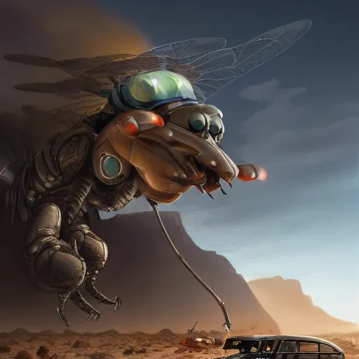 Image similar to giant horsefly robot monster attacking a silver school bus in the desert, ultra detailed, 8 k, greg rutkowski, artgerm, trending on artstation, award - winning art,