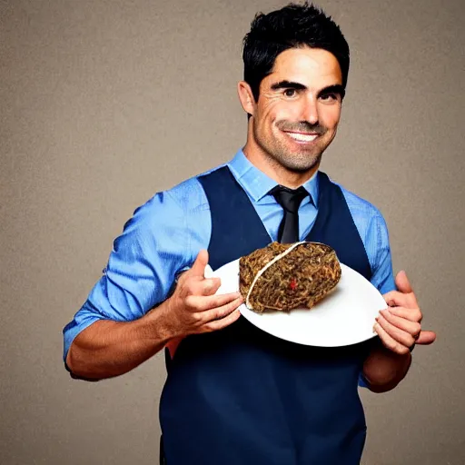 Prompt: a promo portrait of mikel arteta holding a plate of haggis up to the camera, happy,