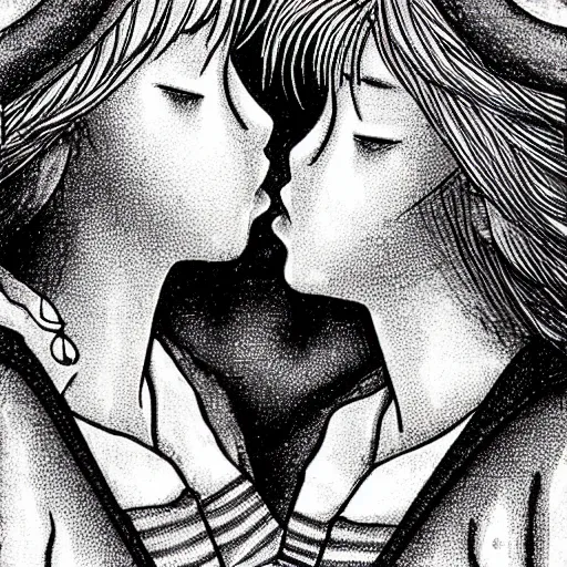 Image similar to portrait of two girls kissing, detailed manga art