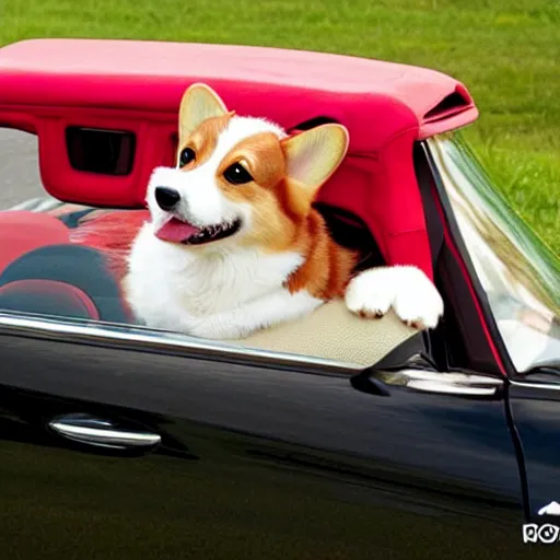 Image similar to corgi driving a red convertible wearing a sun visor, hyper realistic, cute, happy