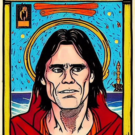 Image similar to Jim Carrey in Thoth tarot deck, style of Lady Frieda Harris, 4K