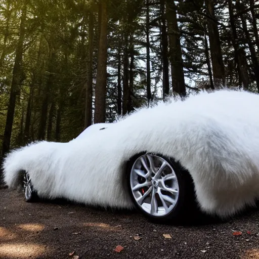 Prompt: a fluffy roadster covered with white fur parking in the forest, warm light, front view, centered, 4k, hd, highly detailed