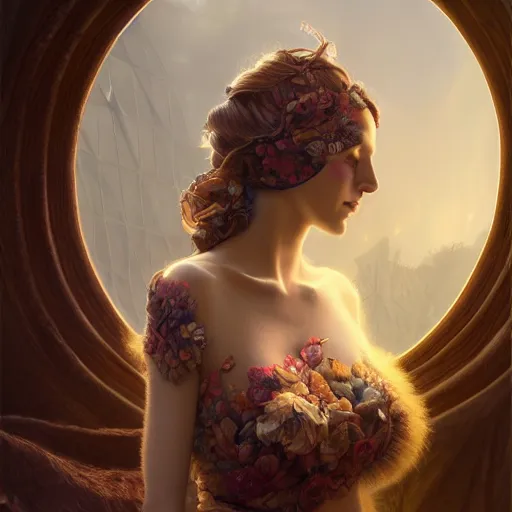 Image similar to realistic woman, top model, 3D model, hyper realistic, octane render, cinematic, unreal engine 5,golden ratio, curved lines, Peter Mohrbacher, Marc Simonetti floral-pattern vintage, dramatic lighting shadows, detailed illustration, Dan Mumford, Alphonse mucha, hyper realistic, photorealistic, extremely detailed fur, octane render, 8k, intricate details