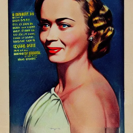 Image similar to “Emily Blunt portrait, color vintage magazine illustration 1950”