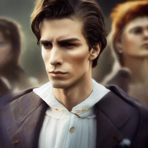 Image similar to close up of a regal prince surrounded by a crowd of angry people. the prince has sharp cheekbones, white clothes, high collar, wistful melancholic hopeful expression. super details, modern digital art, matte painting, science fiction