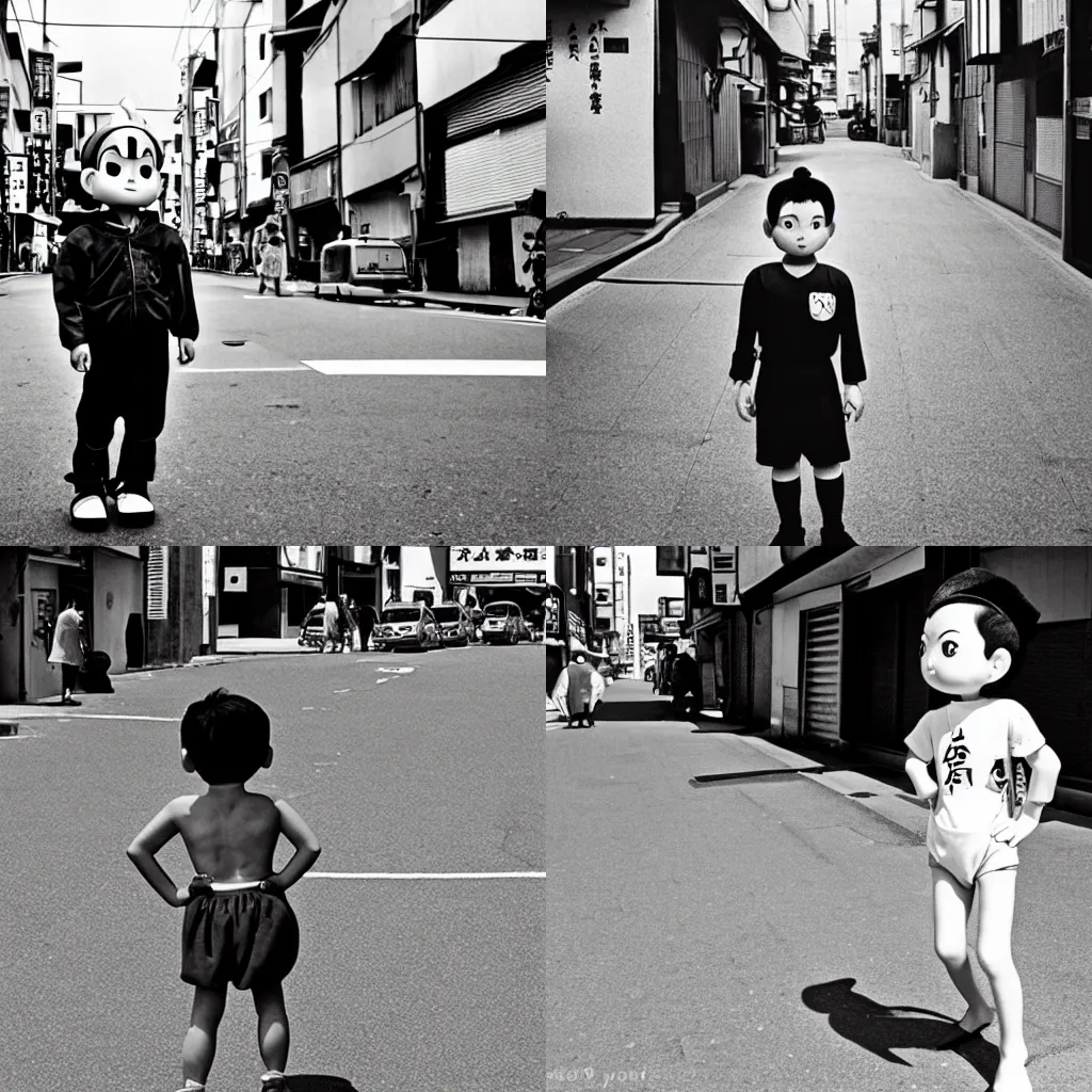 Prompt: AstroBoy in a street in a working-class district in Japan, b&w photo