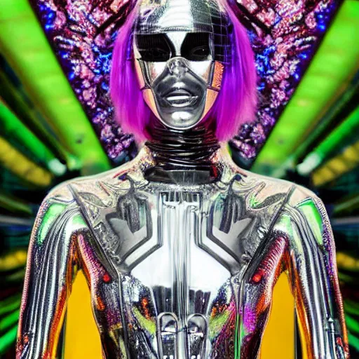 Image similar to hi - fructose mag photo, inside a futuristic detailed alien jungle made out of shiny reflective chrome, futuristic android with limbs made out of stretchy rubber tubing mixed with shiny colorful giant intricate detailed chrome gauntlets and chest piece and discoball mask, wearing a long purple velvet cape, fog and mist