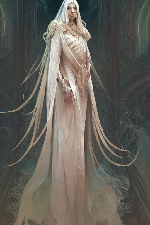 Image similar to pale priestess of the sacral moon full body portrait highly detailed, digital painting, artstation, concept art, smooth and sharp focus, illustration, art by tian zi and wlop and alphonse mucha