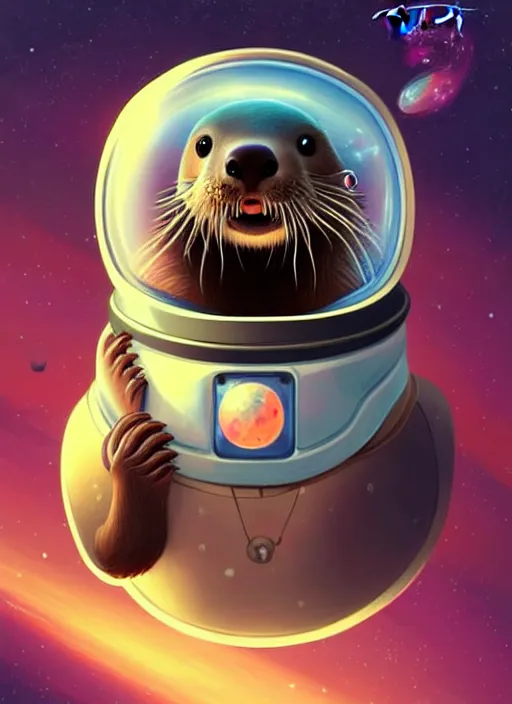 Image similar to a portrait of a cute otter with a space helmet, swimming through a beautiful galaxy!!!, detailed, artstation, art by miyazaki and rhads