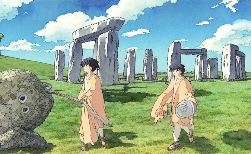 Image similar to a hyperrealist studio ghibli watercolor fantasy concept art. in the foreground is a giant grey octopus lifting a stone. in the background is stonehenge. by rebecca guay, michael kaluta, charles vess