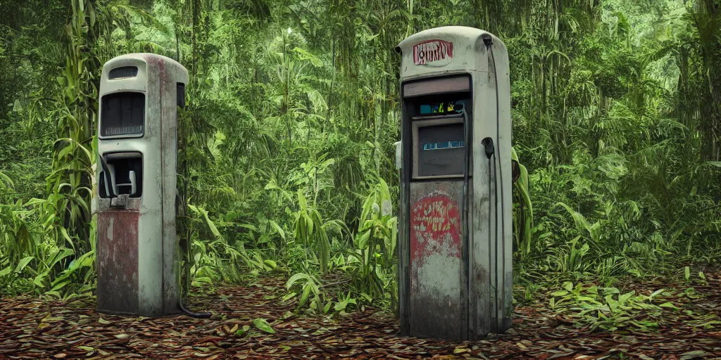 Image similar to old abandoned gas pump somewhere in the rainforest. nature is taking over. mist. cinematic. octane render.