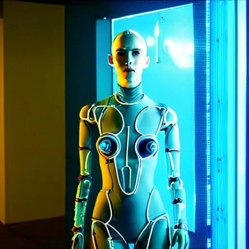 Prompt: cyberpunk humanoid robot mermaid from ex machina, neon blue glass forehead, transparent, see - through, gears and lights, cinematography by federico fellini, intricate, elegant, perfect symmetry