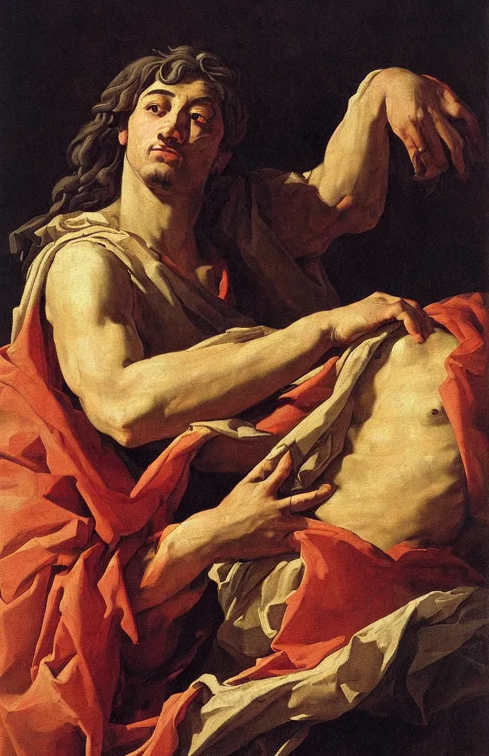 Prompt: expressive painting portrait of sad king with regret, dramatic light, intricate details, classicism style, digital art by simon vouet and nicolas poussin