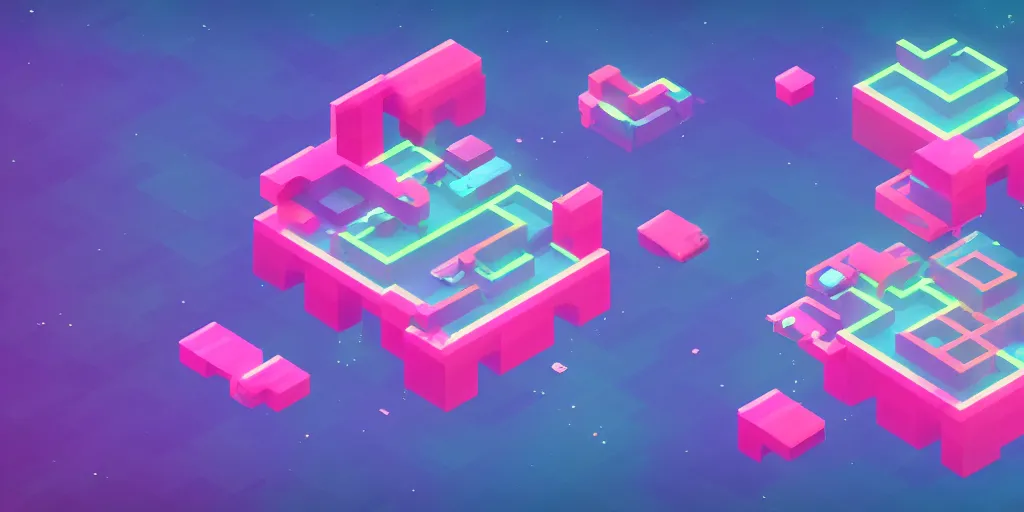 Prompt: isometric videogame screenshot, seperate floating islands, neon, space background, blocks, axure tones, ocean, clouds, mountains, plastic sheen, lensflare, sparkles, glow, shine
