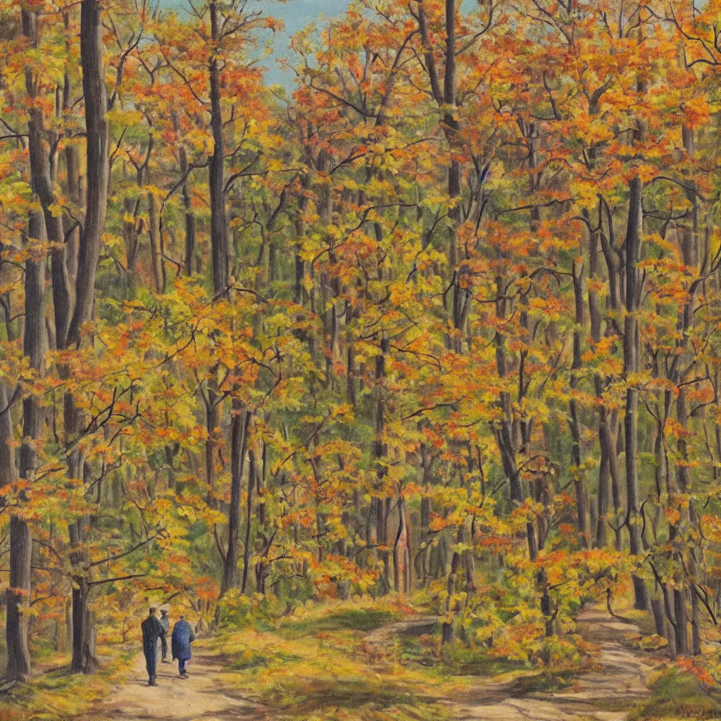 Prompt: 1 9 4 2 american realist painting of walking together in gatineau park in october