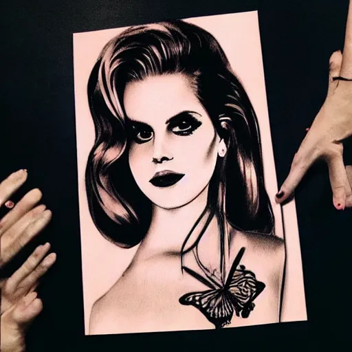 Image similar to Lana del rey tattoo design, photorealistic, dramatic