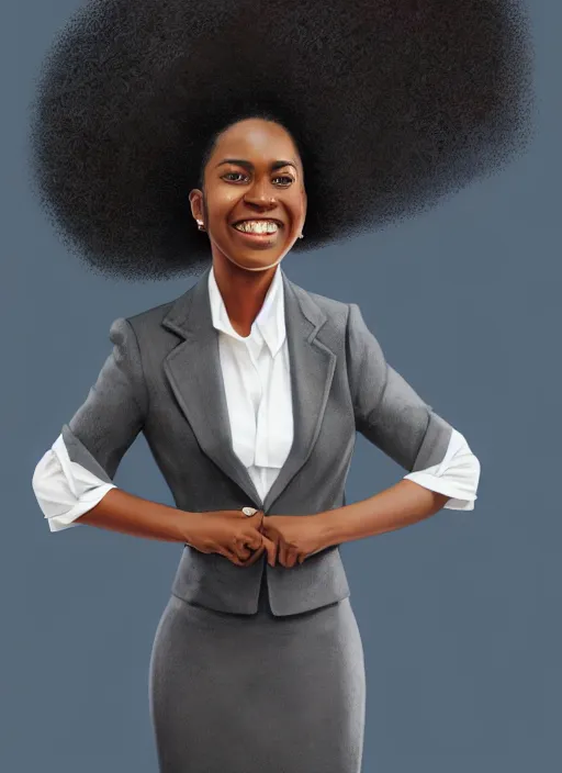 Prompt: full body portrait of young black woman with natural hair as a realtor, corporate skirt suit, intricate, beaming smile, angelic halo, highly detailed, digital painting, artstation, concept art, smooth, sharp focus, illustration, art by wlop, mars ravelo and greg rutkowski