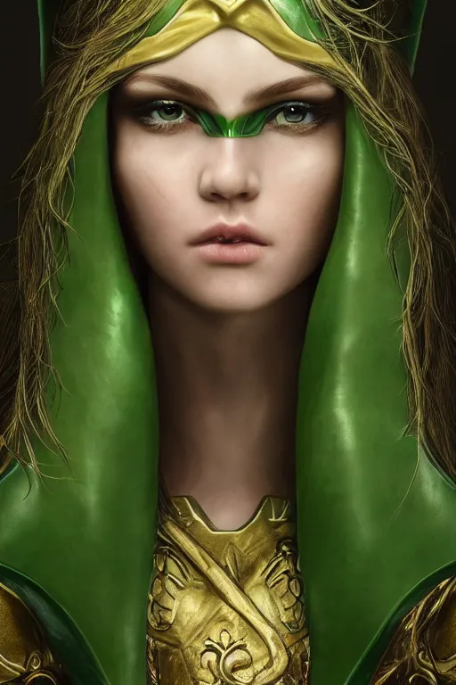 Image similar to a beautiful portrait of a young woman, green elf ranger with long flowing hair and a green leather hood, elf ranger leather armor with green colors and gold lining, young female face, cinematic top lighting, insanely detailed and intricate, face by wlop, Charlie Bowater, golden ratio, symmetric, elegant, ornate, luxury, elite, matte painting, cinematic, trending on artstation, deviantart and cgsociety, 8k, high resolution