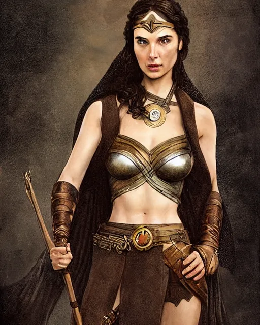 Image similar to highly detailed steampunk gal gadot standing, cape, staff : leonardo da vinci, greg rutkowski, magali villeneuve